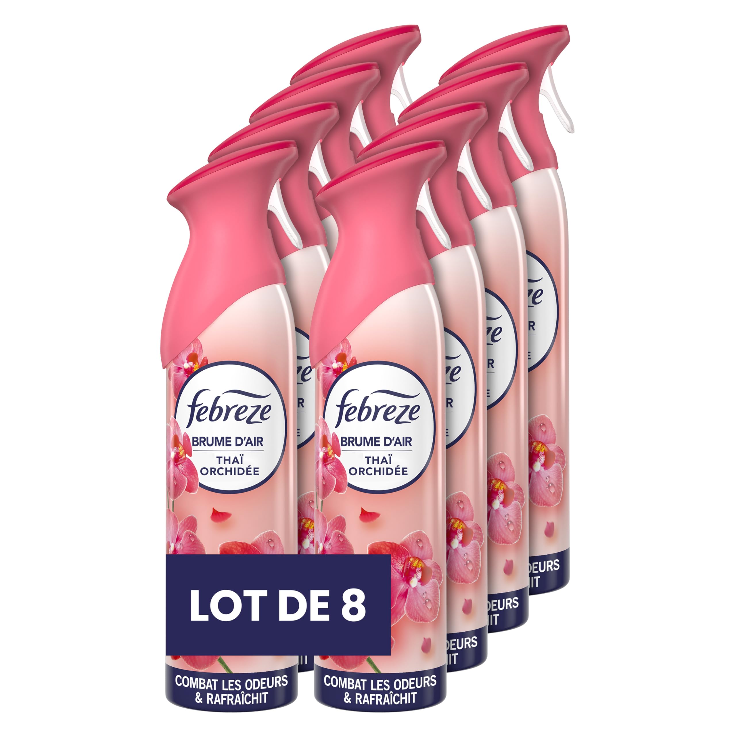 Febreze Spray Désodorisant (185ml x8), Parfum Thaï Orchidée, 2en1, Combat Efficacement Les Odeurs, Laisse Un Parfum Frais