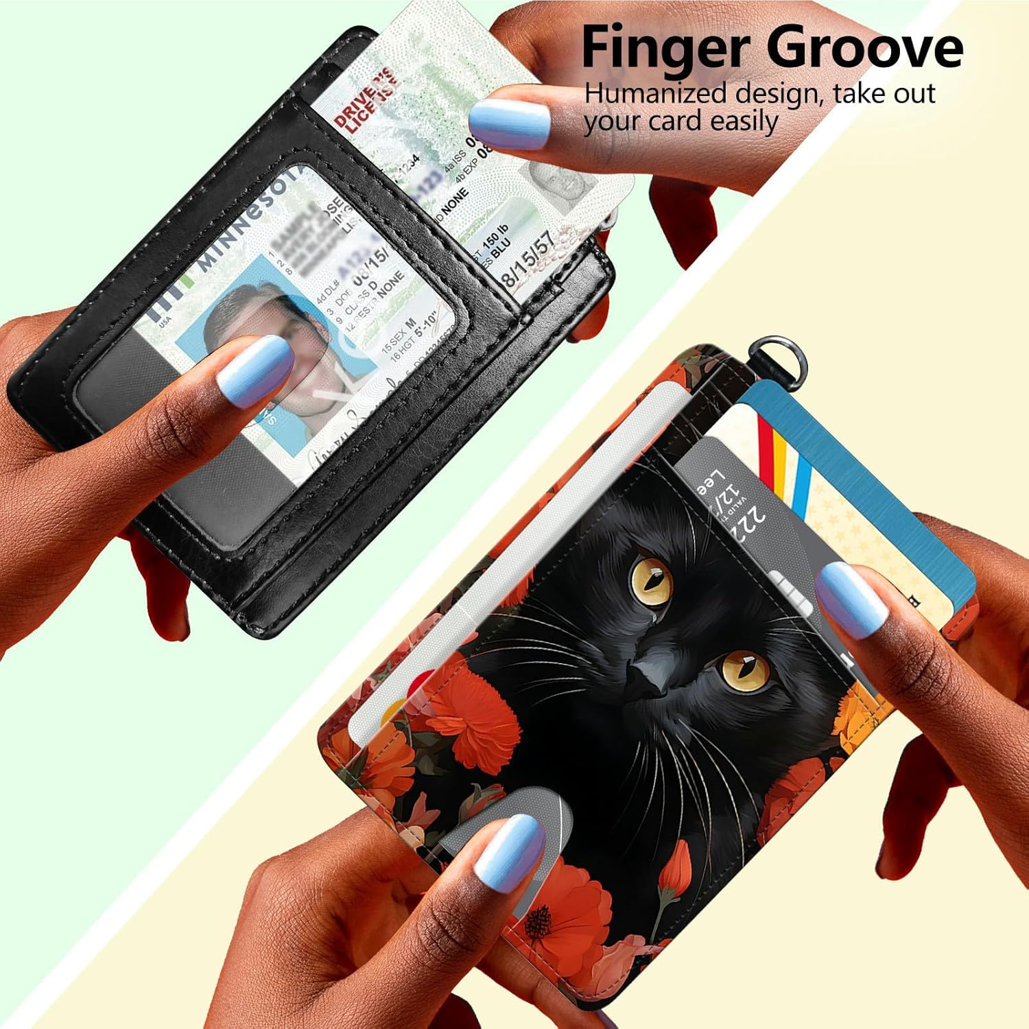 Slim Minimalist Wallet for Men Women Small Credit Card Holder Wallet Front Pocket RFID Blocking Wallets Travel Thin Card Case with ID Window Card Organizer & Wristlet,Black Cat Flower - Image 4