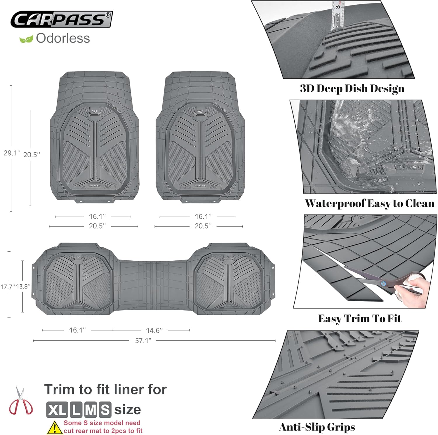 CAR PASS Heavy Duty Rubber Car Mats, Deepdish All Weather Floor Mats for Car Full Set, Universal Automotive Mats Trim to Fit for Sedans SUVs Trucks, Waterproof Anti-Slip Deep Tray 3 Pieces Dark Gray - Image 4