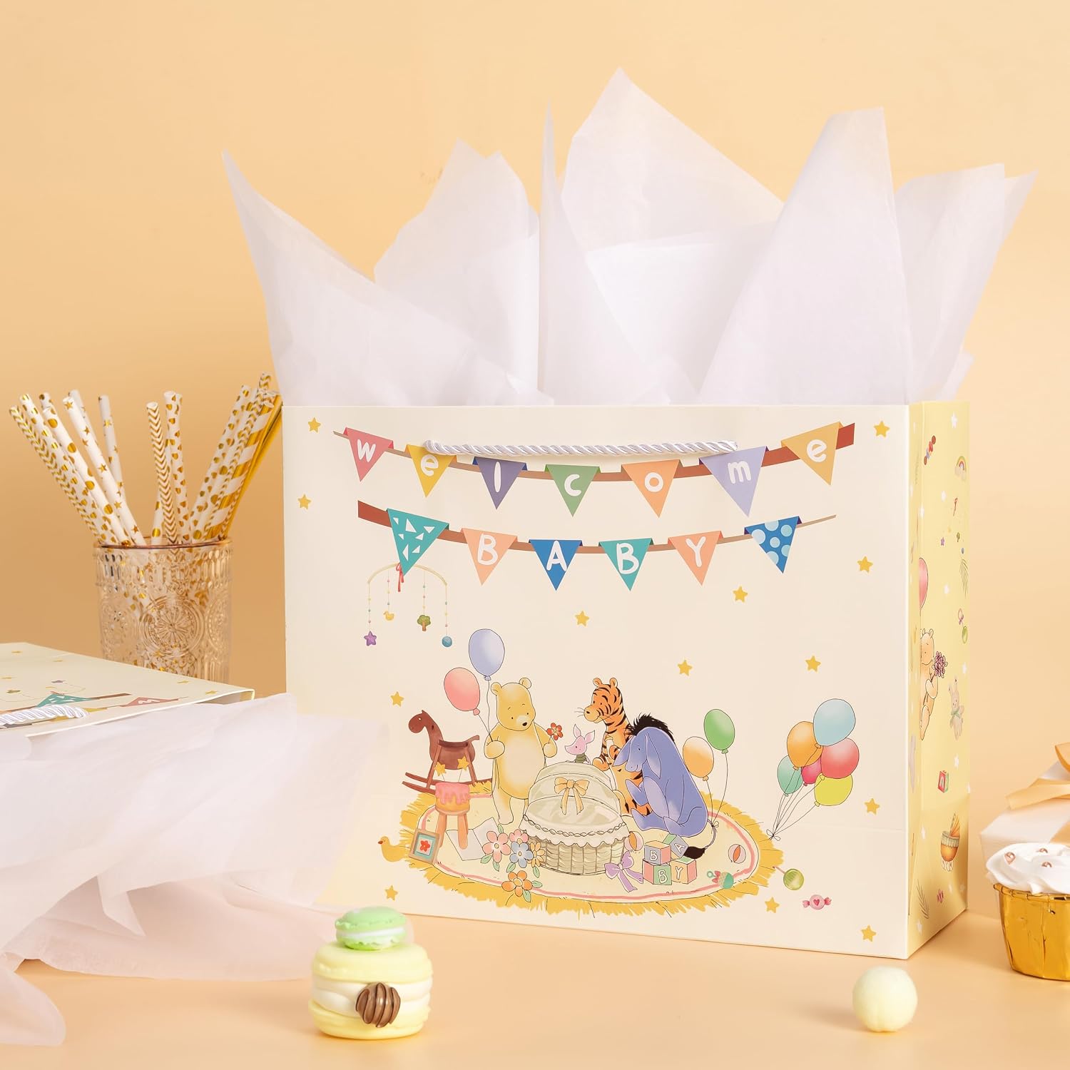Crisky 13" Large Winnie Gift Bags with Tissue Paper and Greeting Card for Baby Shower Kids Boy and Girl Birthday Parties