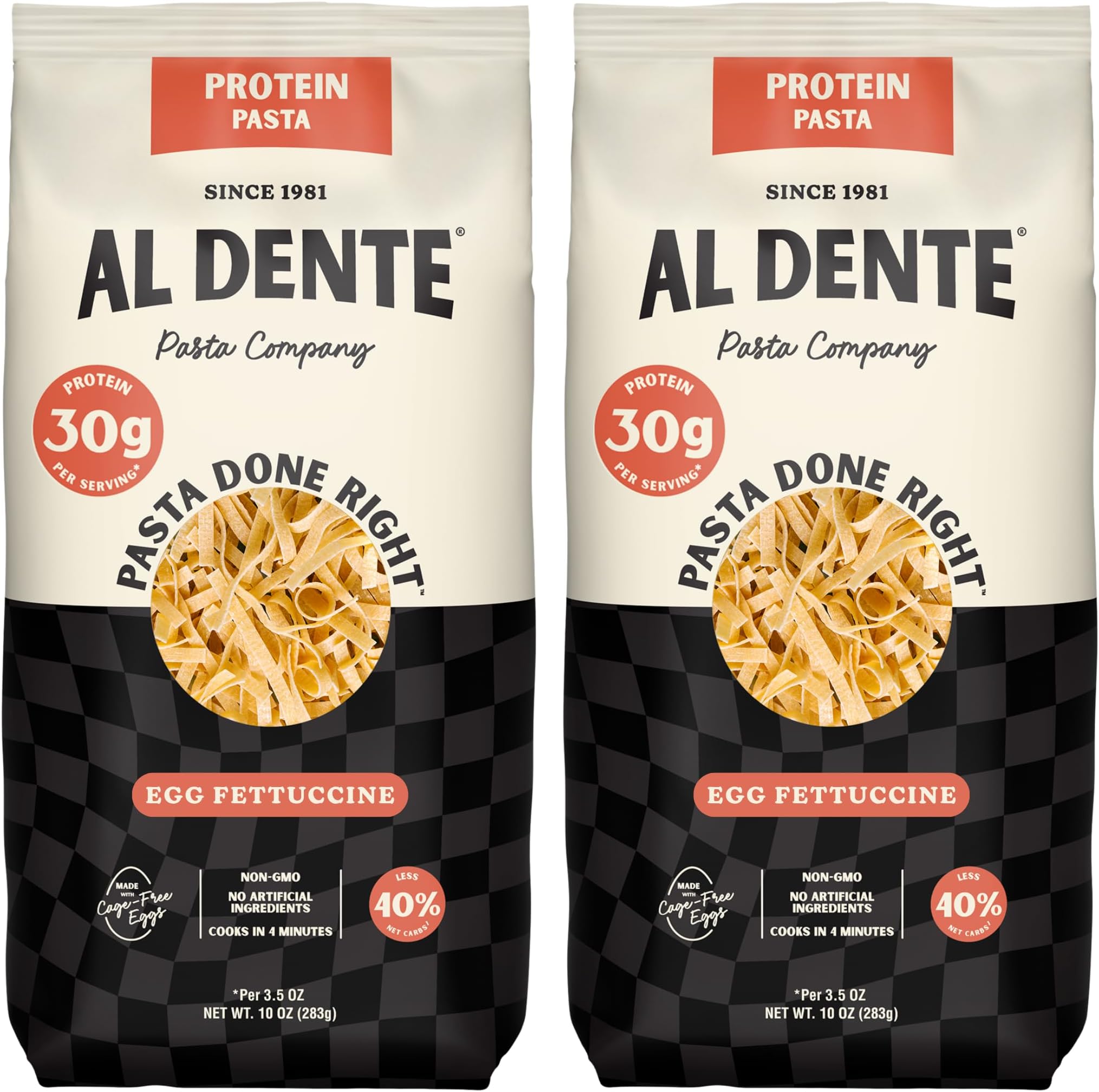 Al Dente Protein Pasta Egg Fettuccine – 30g High Protein in 3.5oz Serving, Lower Carb, High Fiber. Cage-Free Eggs & Semolina. (Previously Carba-Nada, Packaging May Vary) - 10oz Bags (Pack of 2)