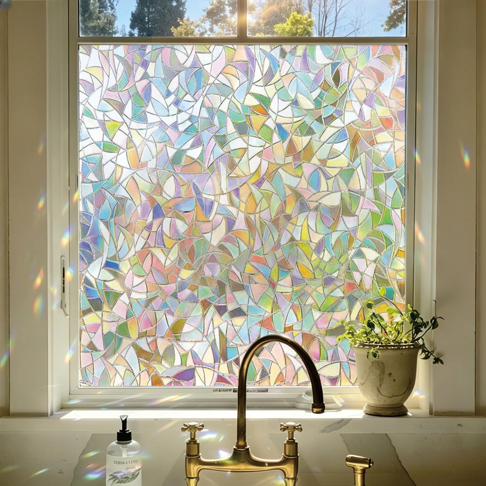 Rainbow Window Film 85 x 390 cm Blocks UV Static Cling No Glue Removable Heat Cotrol, Privacy Protection, Frosted Privacy Sticker No Glue Glass for Home, Crescent