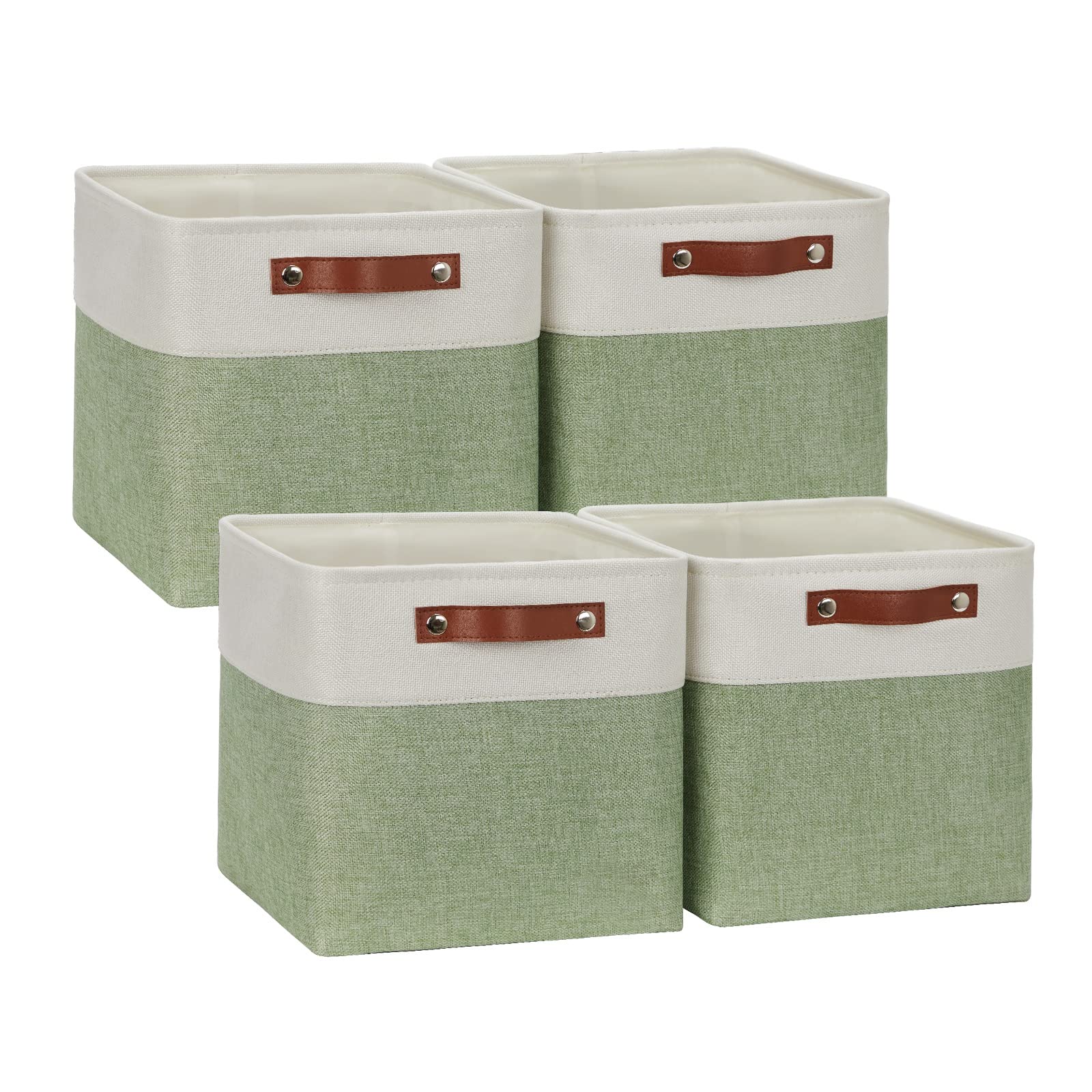 DULLEMELO Aufbewahrungskörbe zum Organisieren, Stoff-Aufbewahrungswürfel für Box, 27,9 cm, dekorative Würfel-Aufbewahrungskörbe mit Griff für Geschenkkorb (4 Stück, 27,9 cm, Weiß und Grün)