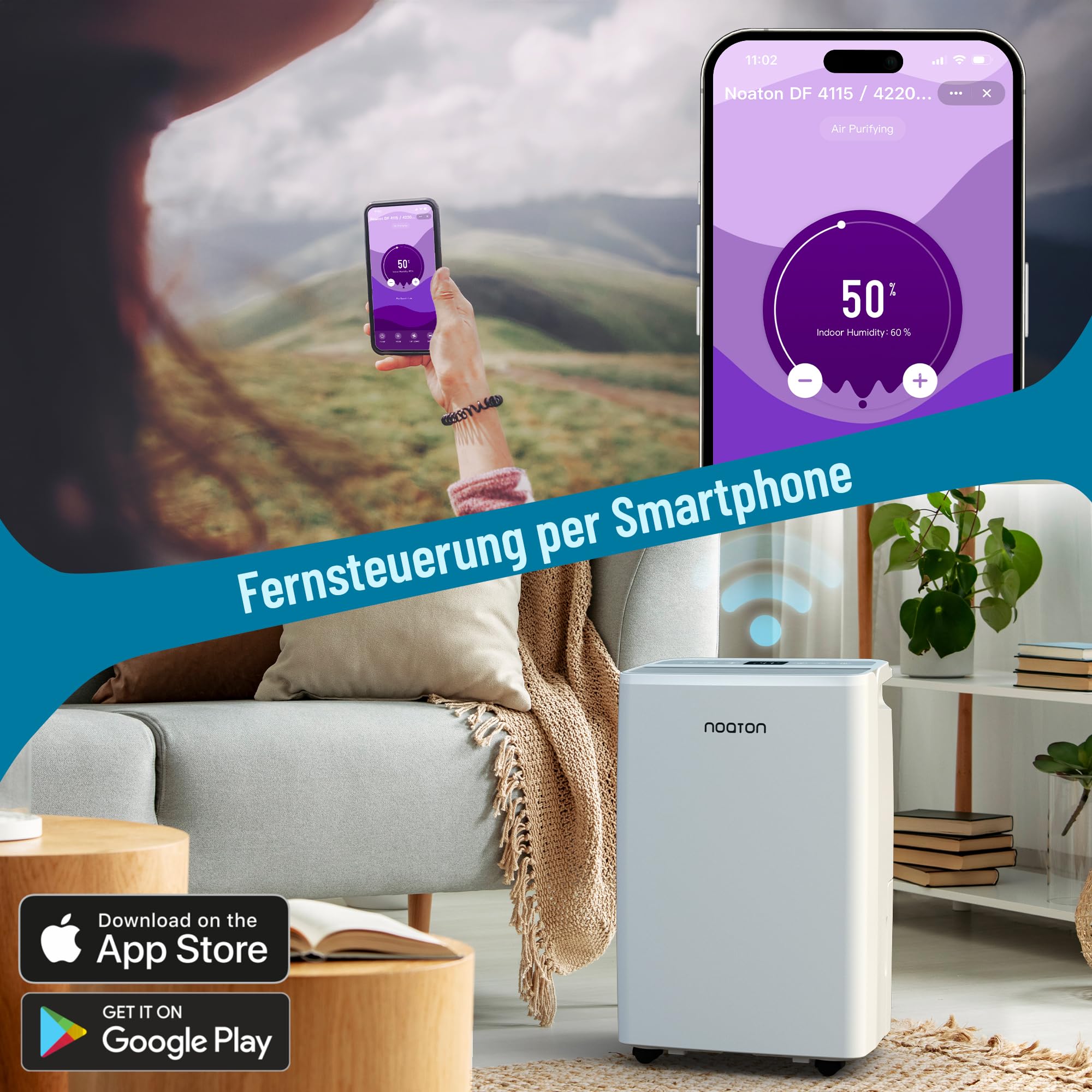 Noaton® DF 4115 WiFi HEPA Smart Luftentfeuchter und Luftreiniger, 15L/24H, 3 Jahre Garantie, 5 Modi, Leise, App, Timer, mit Ablaufschlauch, 2,2 L-Wassertank, für Raum 50 m2, Schlafmod