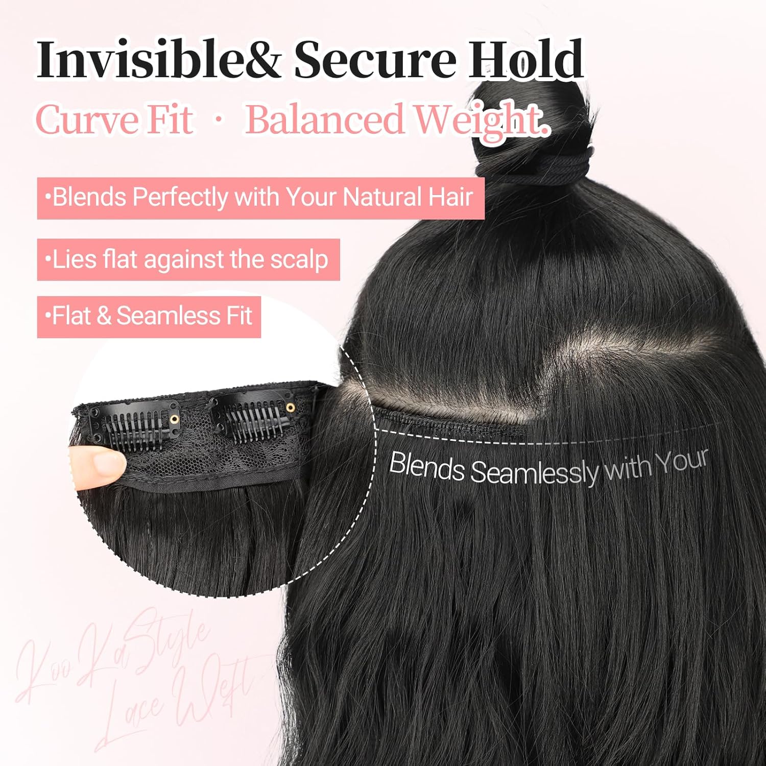 KooKaStyle Clip in Synthetic Hair Extensions Long Wavy 4PCS Thick Hairpieces Black Fiber Double Weft Natural Hair Extensions 24 Inch for Women