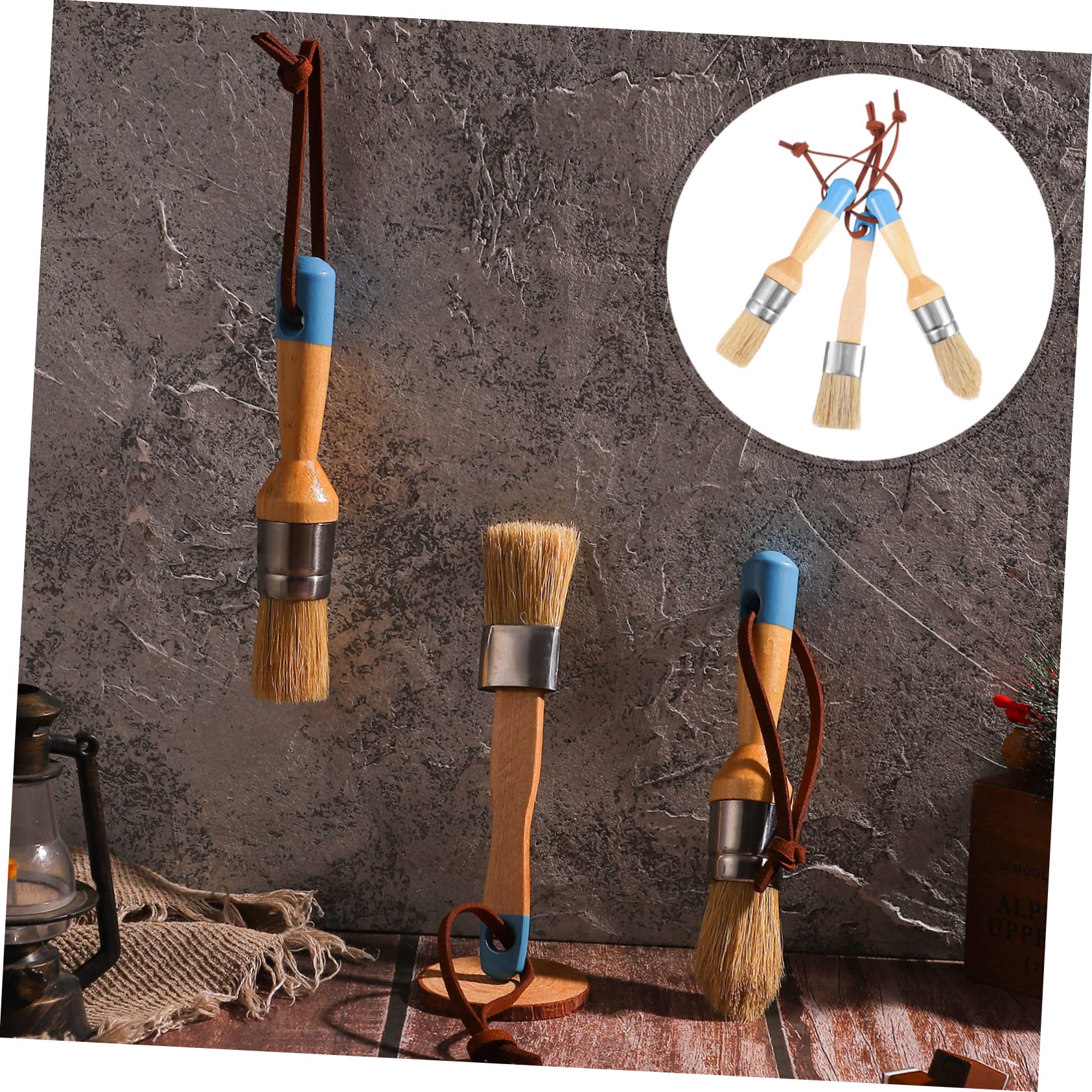 HOMSFOU Set 3 Pennelli Rotondi Manico in Legno per Vernice e Cera, Setole Naturali di Cinghiale per Pittura Artistica e Decorazioni Casa, Strumenti Cinghie in Pelle per Artisti e Hobbisti