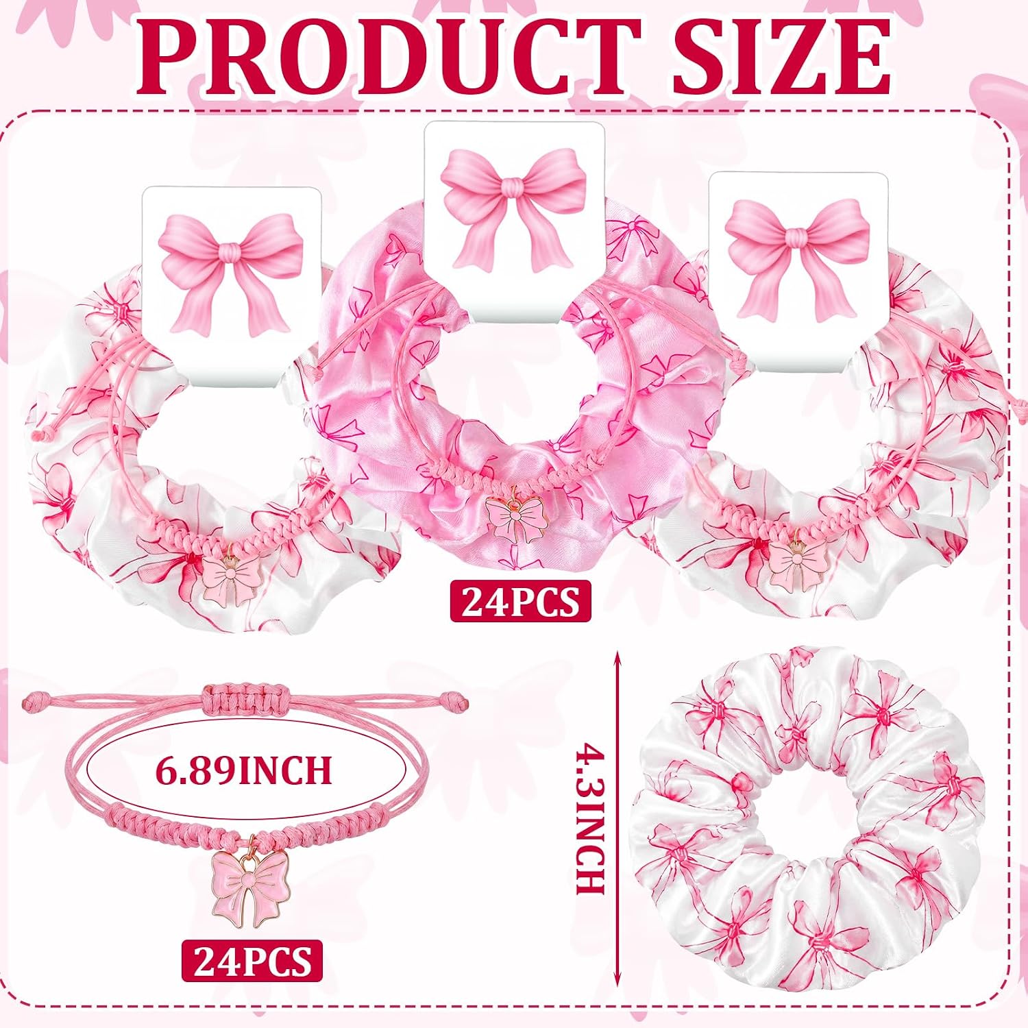 Hoteam 24 Sets Coquette Party Gifts Bulk Adjustable Coquette Bow Braid String Bracelets Pink White Hair Scrunchies with Bow Cards Cheerleader Birthday Party Favor for Cheer Team Women Gift(Cartoon)