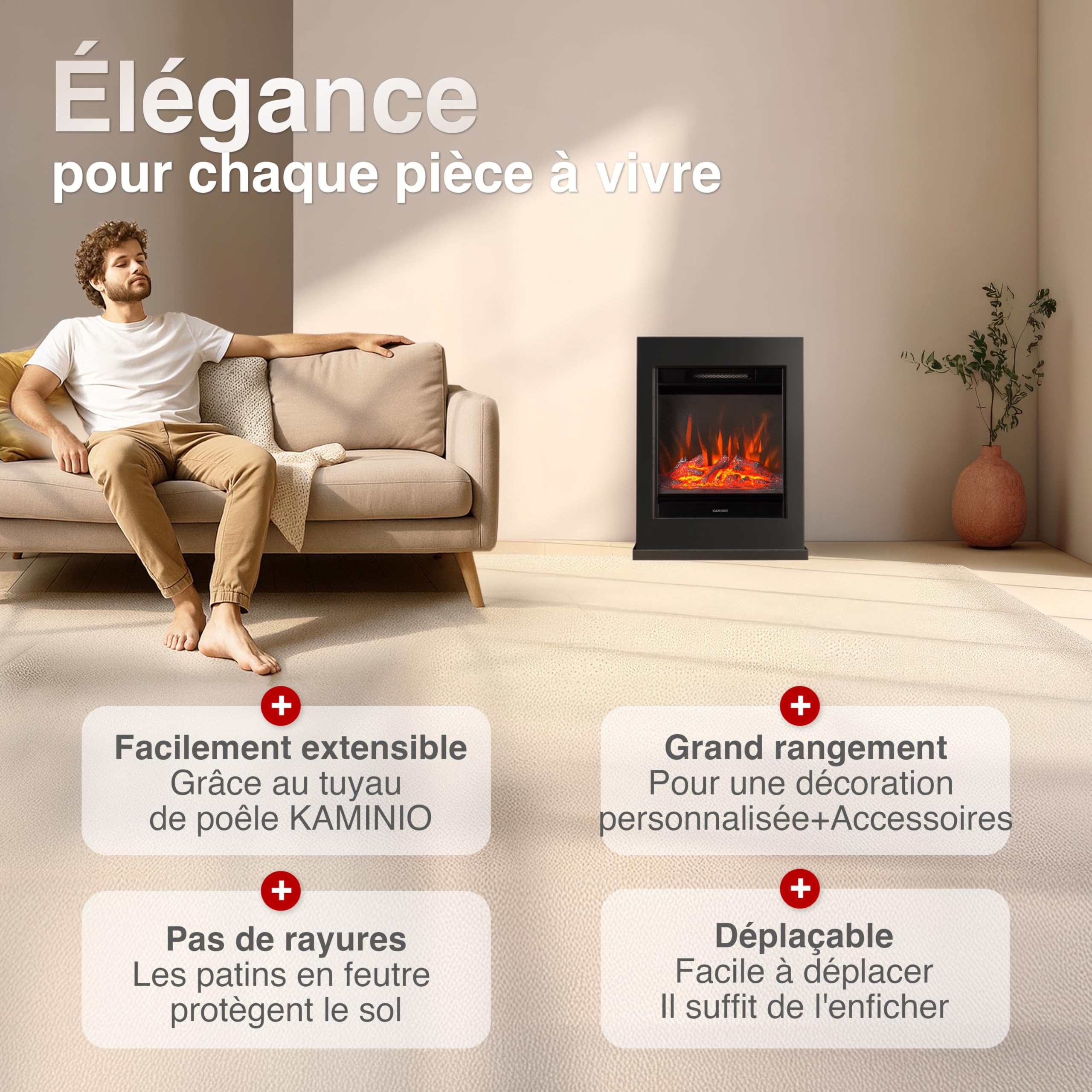 KAMINIO Cheminée électrique Kalle - Cheminée sur Pied avec Chauffage, Effet de Flamme 3D, télécommande (Noir)