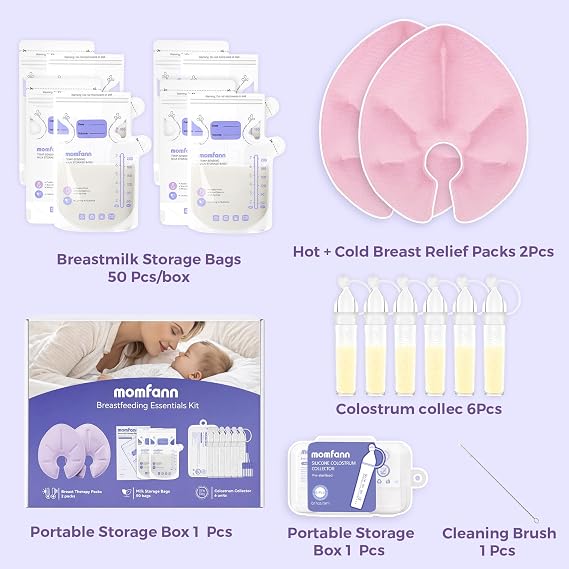 Breastfeeding Care Kit for Nursing Moms, 60 Piece Complete Gift Set with Milk Collector, 50 Storage Bags & Hot/Cold Packs - Relieves Engorgement & Improves Milk Flow,BPA-Free Essentials(Pink)