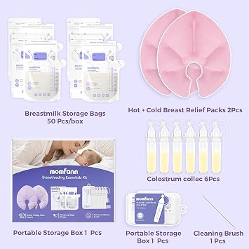 Breastfeeding Care Kit for Nursing Moms, 60 Piece Complete Gift Set with Milk Collector, 50 Storage Bags & Hot/Cold Packs - Relieves Engorgement & Improves Milk Flow,BPA-Free Essentials(Pink)