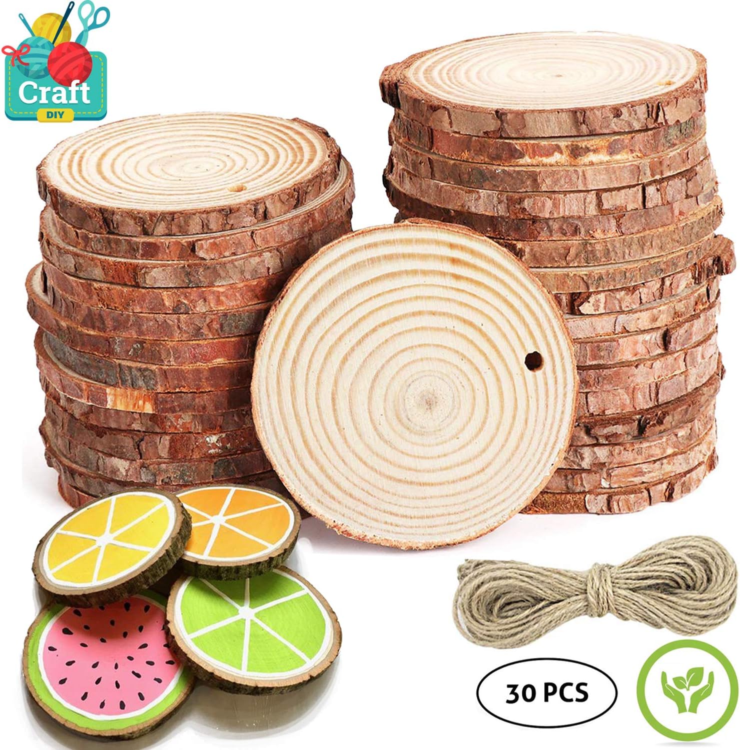 IESPANDI Round Natural Mini Wood Slices 30 Pcs 2.4-2.8 inch; Unfinished DIY Circles Rustic Wooden Craft Kit; Centerpieces with Holes, Wedding Decoration, Christmas Decor Project, Chargers and Ornament