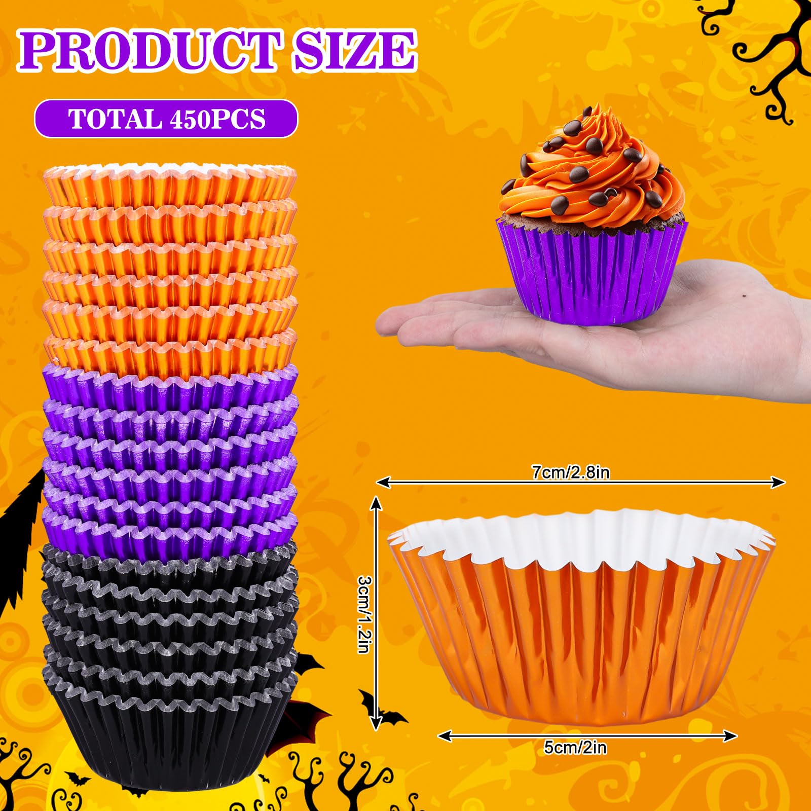 Whaline 450 Stück Halloween-Folien-Cupcake-Förmchen, schwarz, lila, orange, metallische Cupcake-Förmchen, Muffinförmchen für Urlaub, Partyzubehör