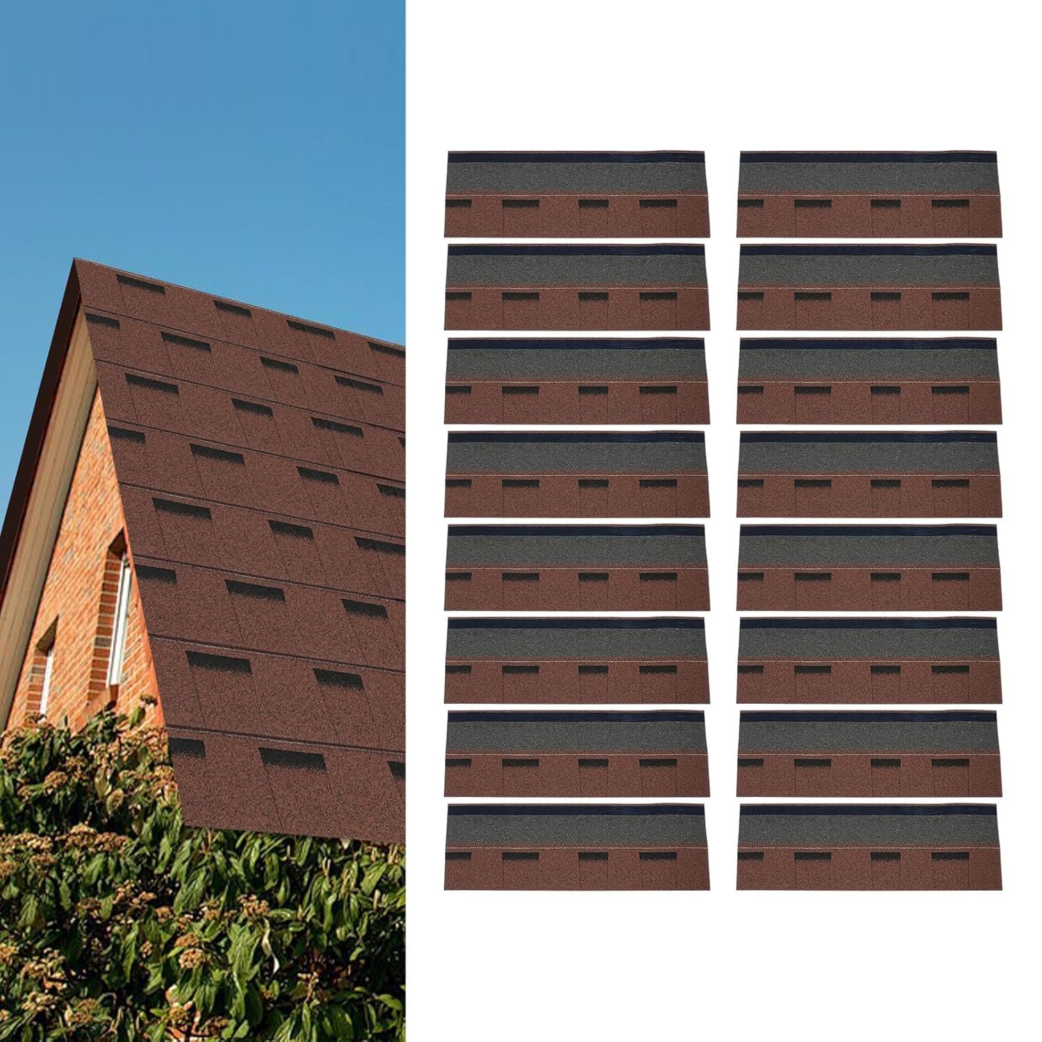 16 Pcs Asphalt Roof Shingles, 24.97 Sq Ft Architectural Shingles with Fiberglass Base, Roofing Tiles for Home/Villa/Garden Roofs (Brown)