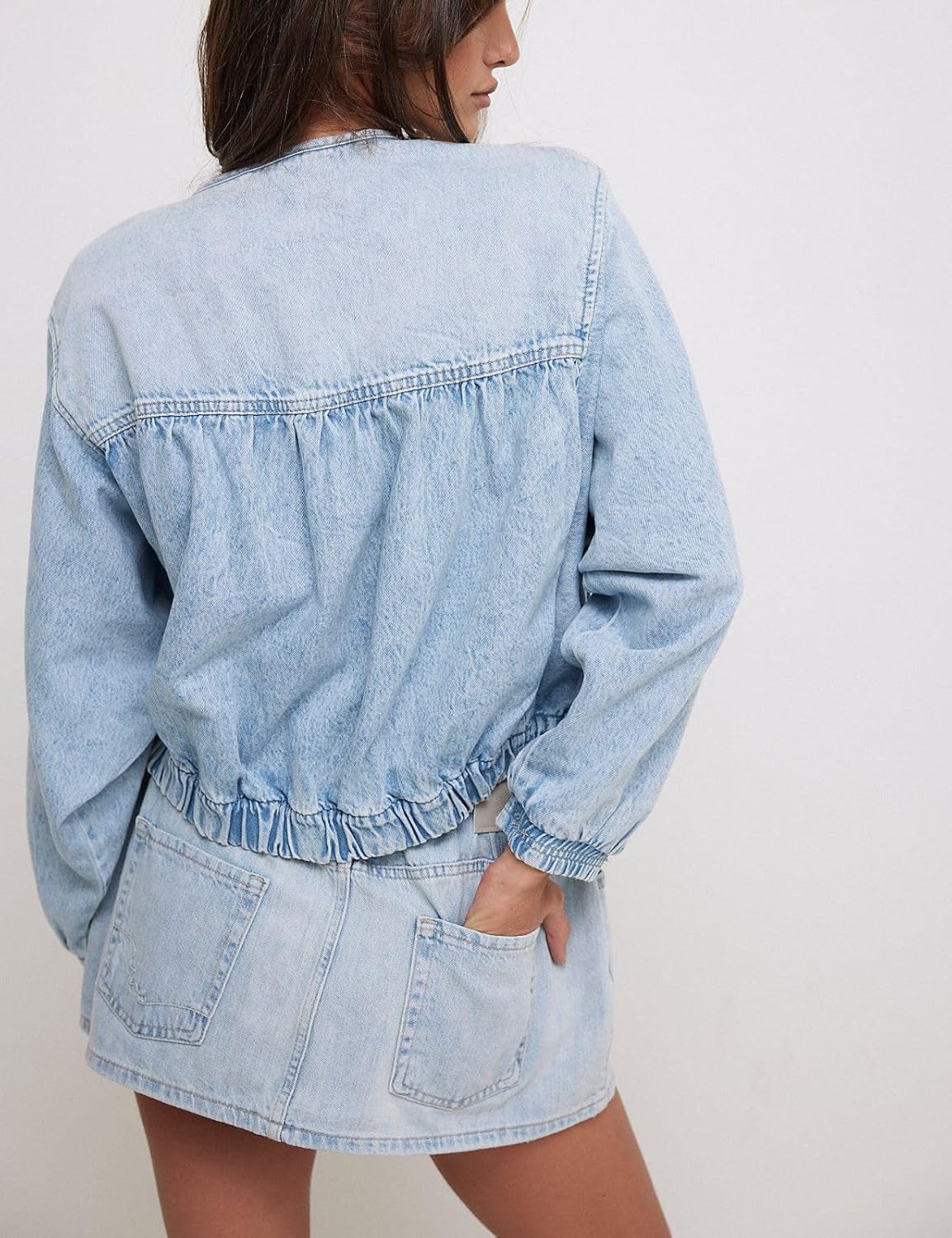 happlan Women's Trendy Zip Up Denim Jean Jacket Coat Loose Fit Long Sleeves Washed Cotton Cropped Ruched with Pockets - Image 3