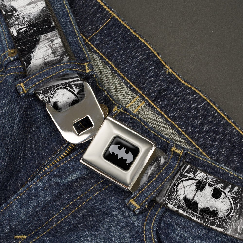 Buckle-Down Men's Seatbelt Belt Kids, Batman face/Bat Shield Sketch White/Black, 1.0'' Wide-20-36 Inches'