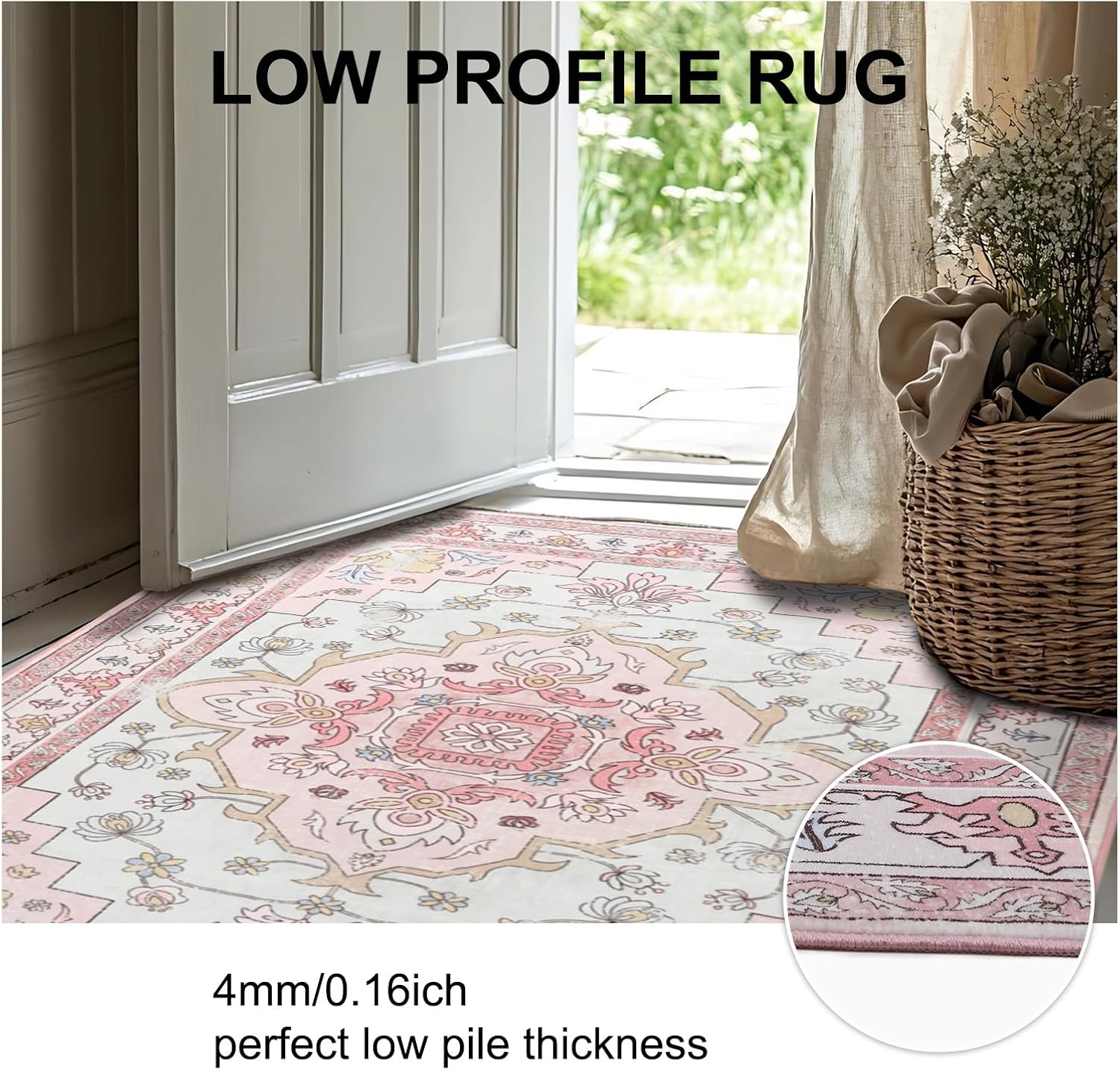 MOSISO 4x6 Area Rug for Living Room, Washable Area Rug, Non-Slip Vintage National Area Rugs, Low Pile Carpet, Faux Wool Rectangular Area Rugs Carpet for Living Room Bedroom Dining Room, Home, Pink - Image 6