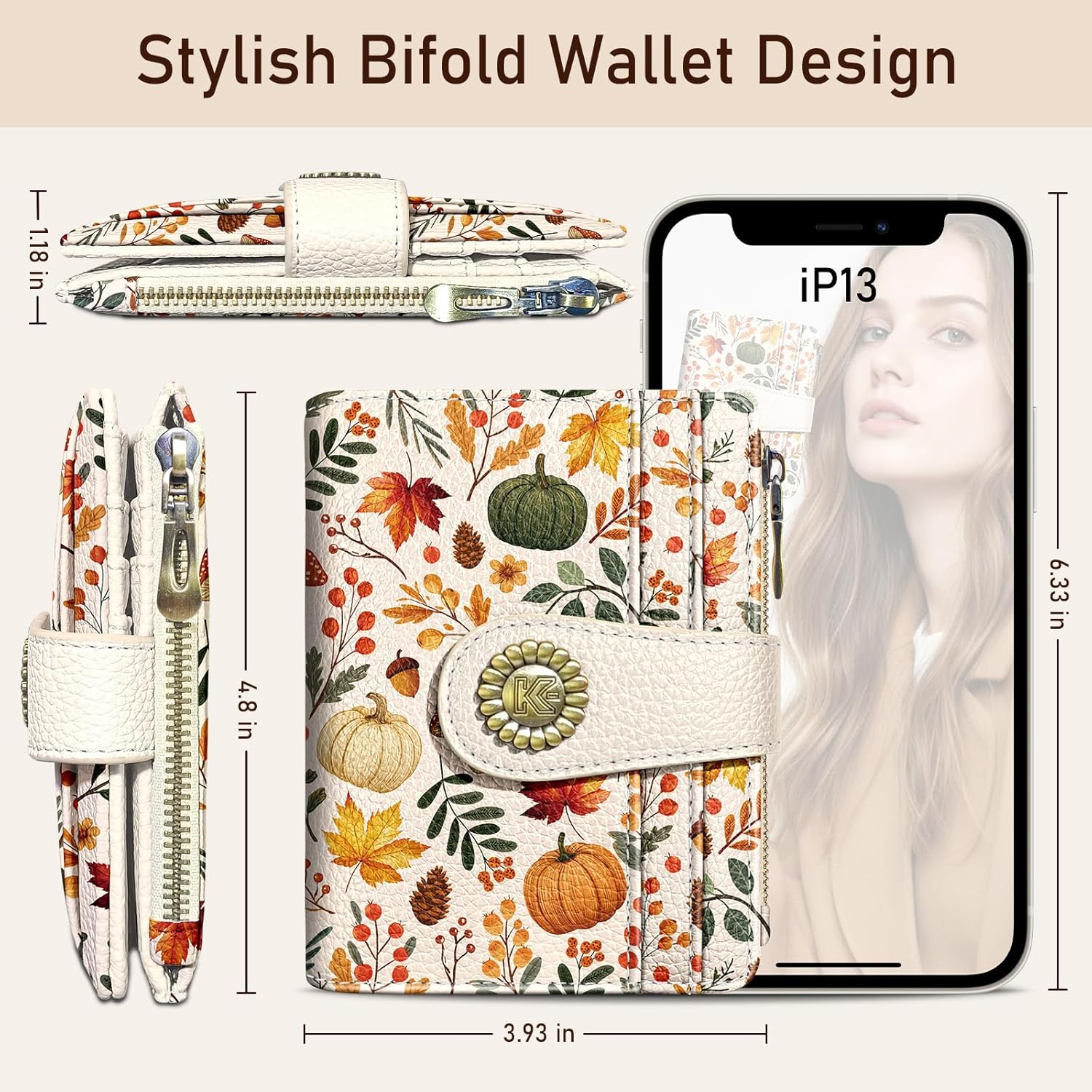 Pumpkin Fall Leaves Mushroom Halloween Small Rfid Women Travel Wallet Bifold Zipper Coin Pocket PU Leather Compact Cash Credit Card Holder Female Ladies Teen Girls 1 ID Window 10 Card Slots - Image 5