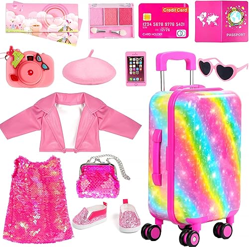 Miniatura 9 de Accesorios de ropa para muñecas de 18 pulgadas, maleta, equipaje, juego de viaje, incluye ropa de muñeca de 18 pulgadas, sombrero, bolso, cámara,