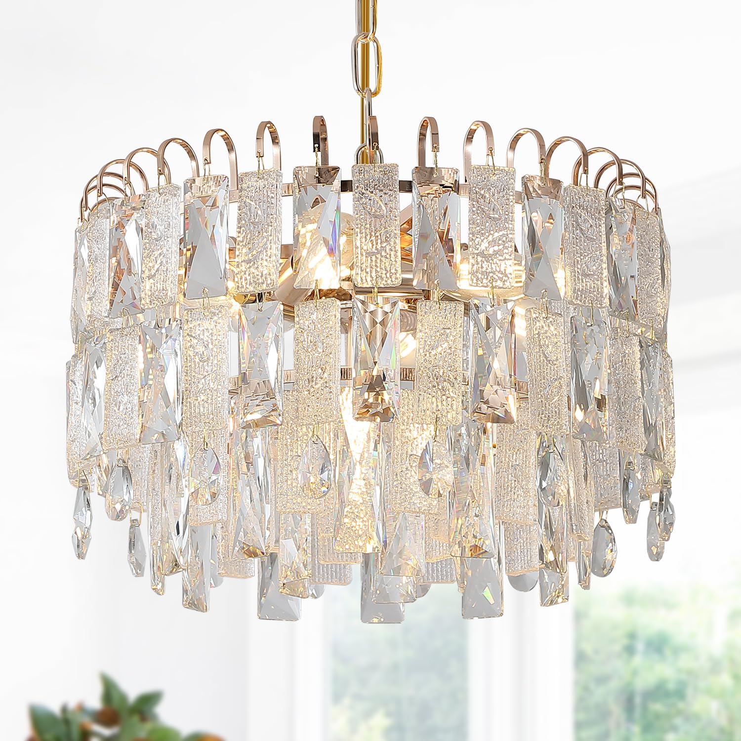 7-Light Crystal Gold Chandelier Modern 3-Tier K9 Crystal Round Light Fixture 16" Pendant Chandelier for Kitchen Island Dining Room Bedroom Foyer Entryway Hallway, E12