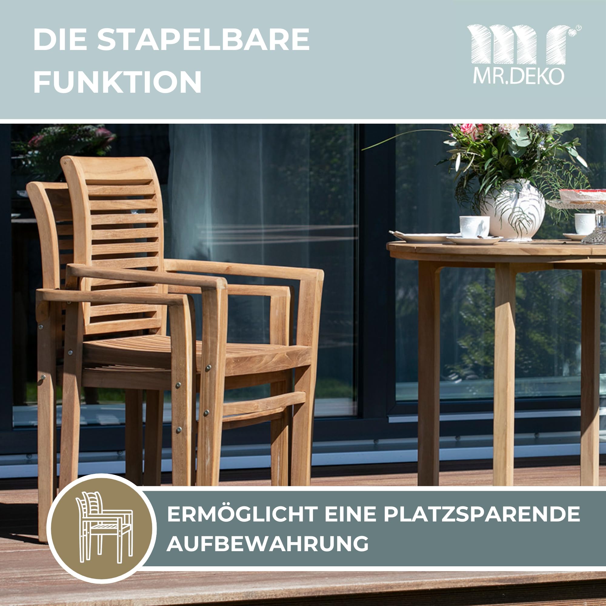 MR. DEKO Stapelsessel Derby Teakholz mit Armlehnen | Gartenstuhl Holz Stapelbar Wetterfest | Holzstuhl Garten | Teak Stuhl Outdoor | Gartensessel Balkonstuhl | Terrassenstühle