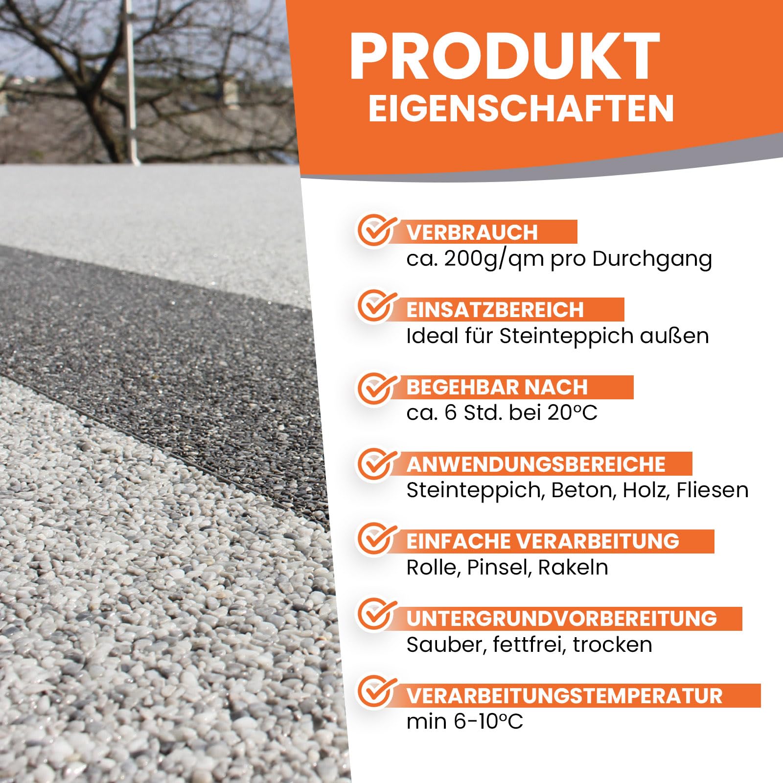 1K PU Versiegelung für Steinteppich außen, UV-fest, 1kg farblos glänzend, kein Vergilben, elastisch, abdichtend, einfache Verarbeitung - BEKATEQ BK-660PU