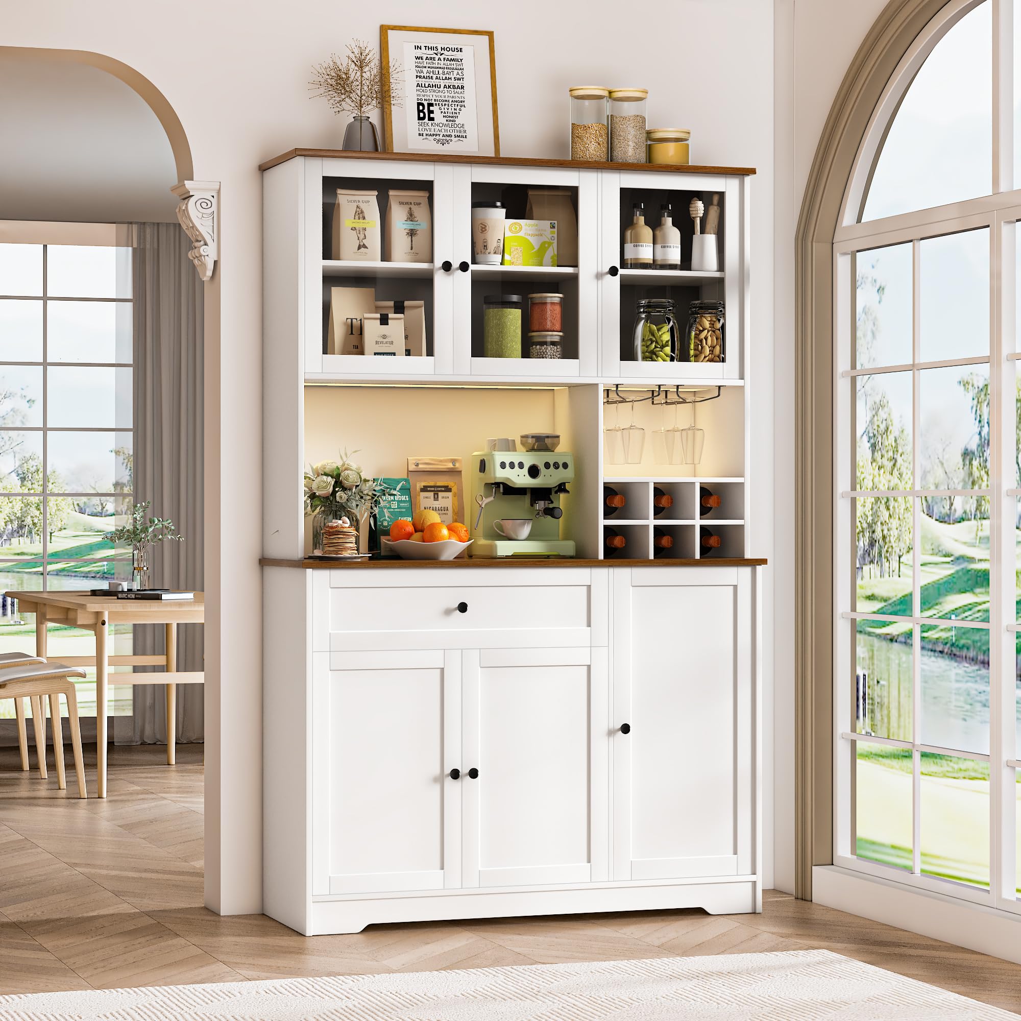 Küchenschrank mit Arbeitsplatte, Buffetschrank mit Weinregal, LED-Licht & Steckdose mit USB, Verstellbare Einlegeböden Anti-Kipp Vorrichtung, Sideboard Küche für Wohnzimmer Esszimmer (Weiß)