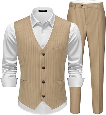 MAGE MALE Mens Pinstripe Suit 2 Piece Vest and Pants Set Wedding Groomsmen Summer Slim Fit Formal Prom Tuxedo
