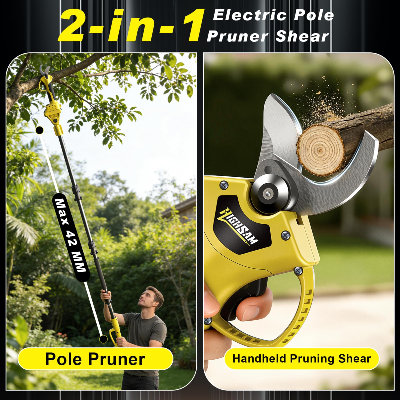 2 in 1 Elektrische Gartenschere, Akku Astschere Teleskopmit 4m Teleskopstange, 1500W Bürstenloser Motor, 2×2.0Ah Akkus, 42MM Schnittdurchmesser, 180° Verstellbar, für Garten & Baumschnitt (Gelb black)