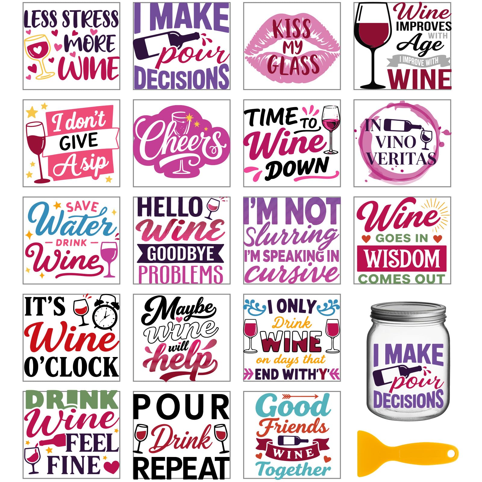 GLOBLELAND 18 Sheets Red Wine Text Transfer Stickers 3.9x3.6inch Colorful Drink Words Transfer Decal Rub on Transfer for Cup Decal Vase Glass Art Crafts Decorations