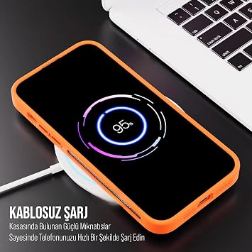Babilden iPhone 17 Pro Max için Kılıf Kamera Korumalı Magsafe Wireless Şarj Özellikli Mat Şeffaf Renkli Standlı Lens Hediyeli Turuncu