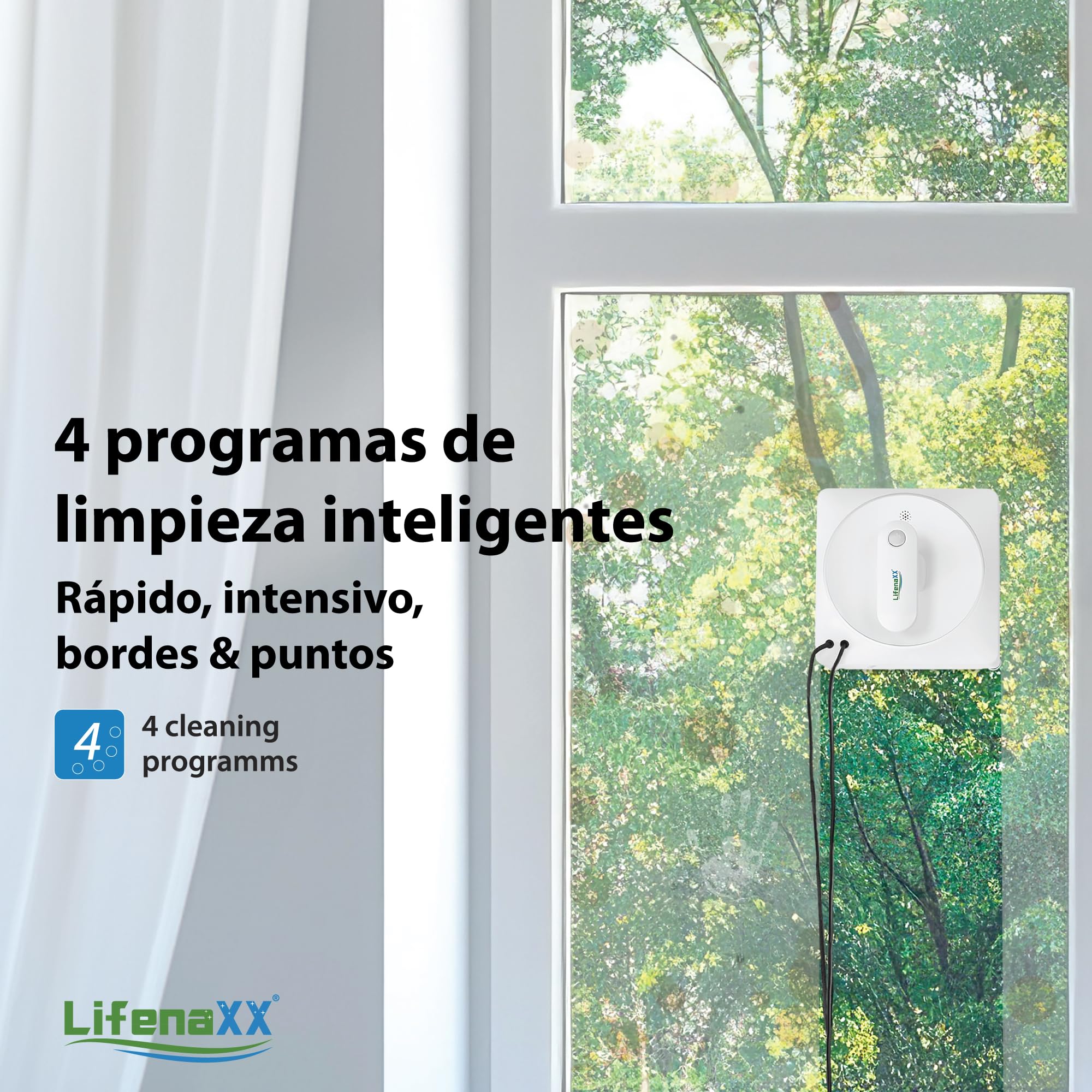 Robot limpiacristales Lifenaxx LX-047, limpiador de ventanas eléctrico con 4 boquillas de pulverización, alta potencia de succión de 4500Pa, gran depósito de agua de 100 ml, 4 modos de limpieza
