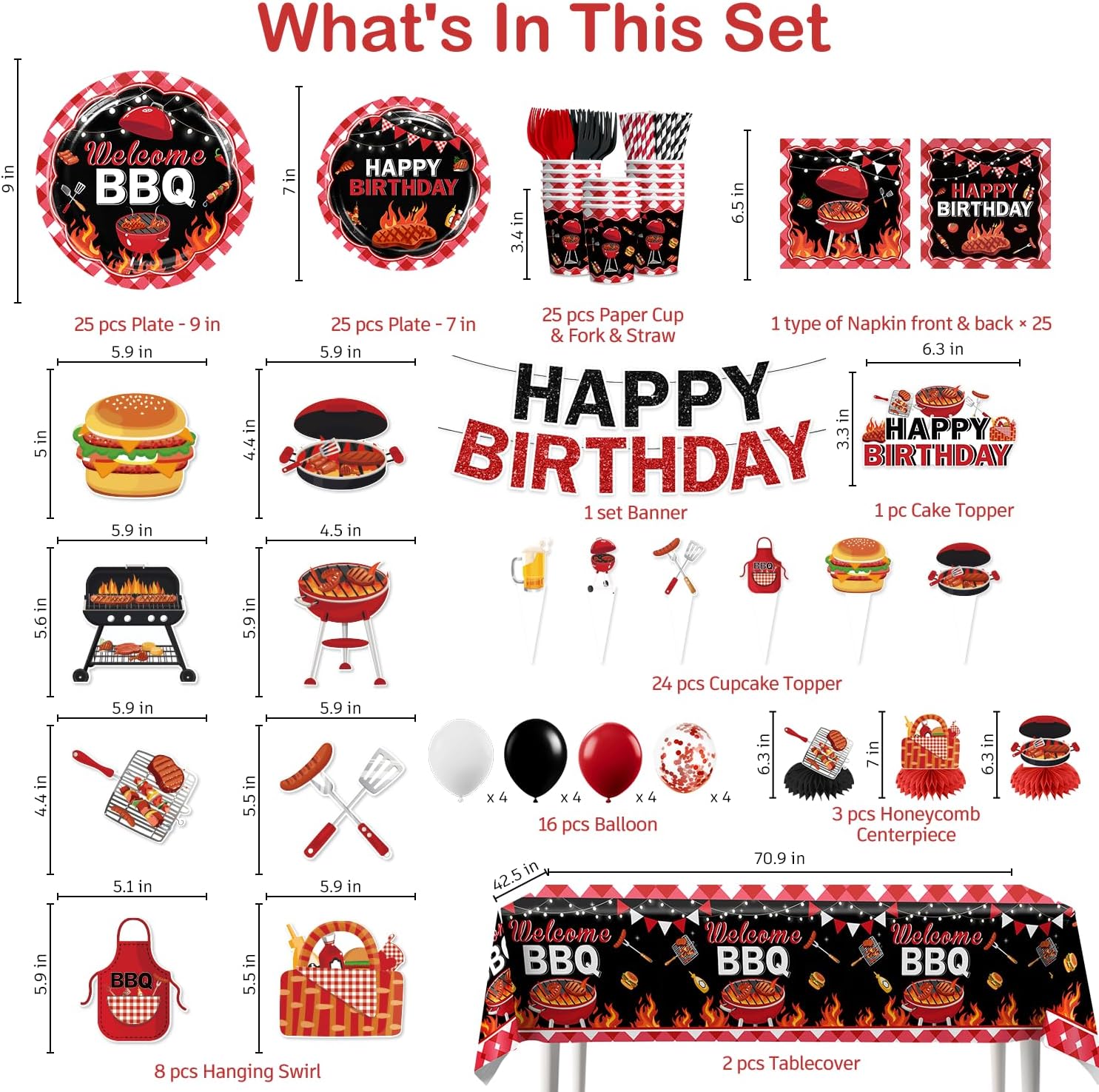 205 Pcs BBQ Birthday Party Decorations, Picnic Party Decorations Serves 25 - Banner, Tableware, Tablecloth, Cake Toppers, Balloons - Backyard Birthday Party Decorations