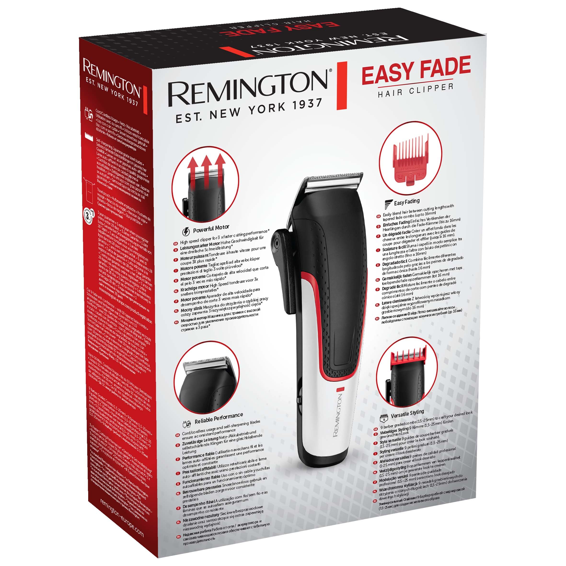 Remington Tondeuse Cheveux [Spécial Dégradé] Easy Fade(Lames en Acier Auto Affutées,Ultra Rapide, 21 Sabots 1,5-25mm: 9 Coupe fixe + 10 Coupe dégradée + 2 pour oreilles,Sans fil-50 min,Pochette) HC500
