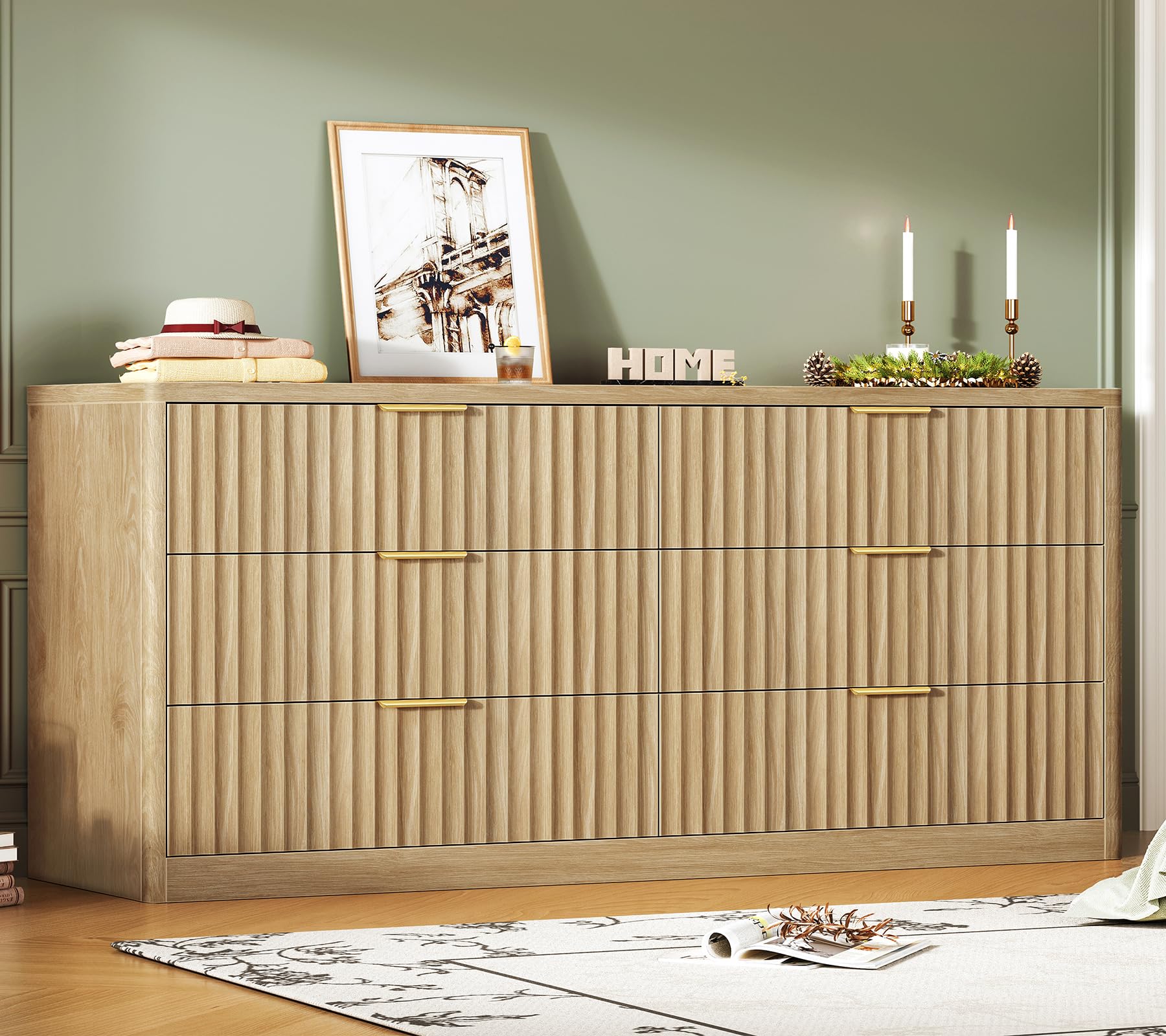 TEENFON 56.3'' Dresser for Bedroom with 6 Drawers, Dressers &amp; Chest of Drawers with Curved Profile Design, 6 Drawer Dresser, Fluted Dressers, Wood Dressers for Bedroom, Living Room, Natural
