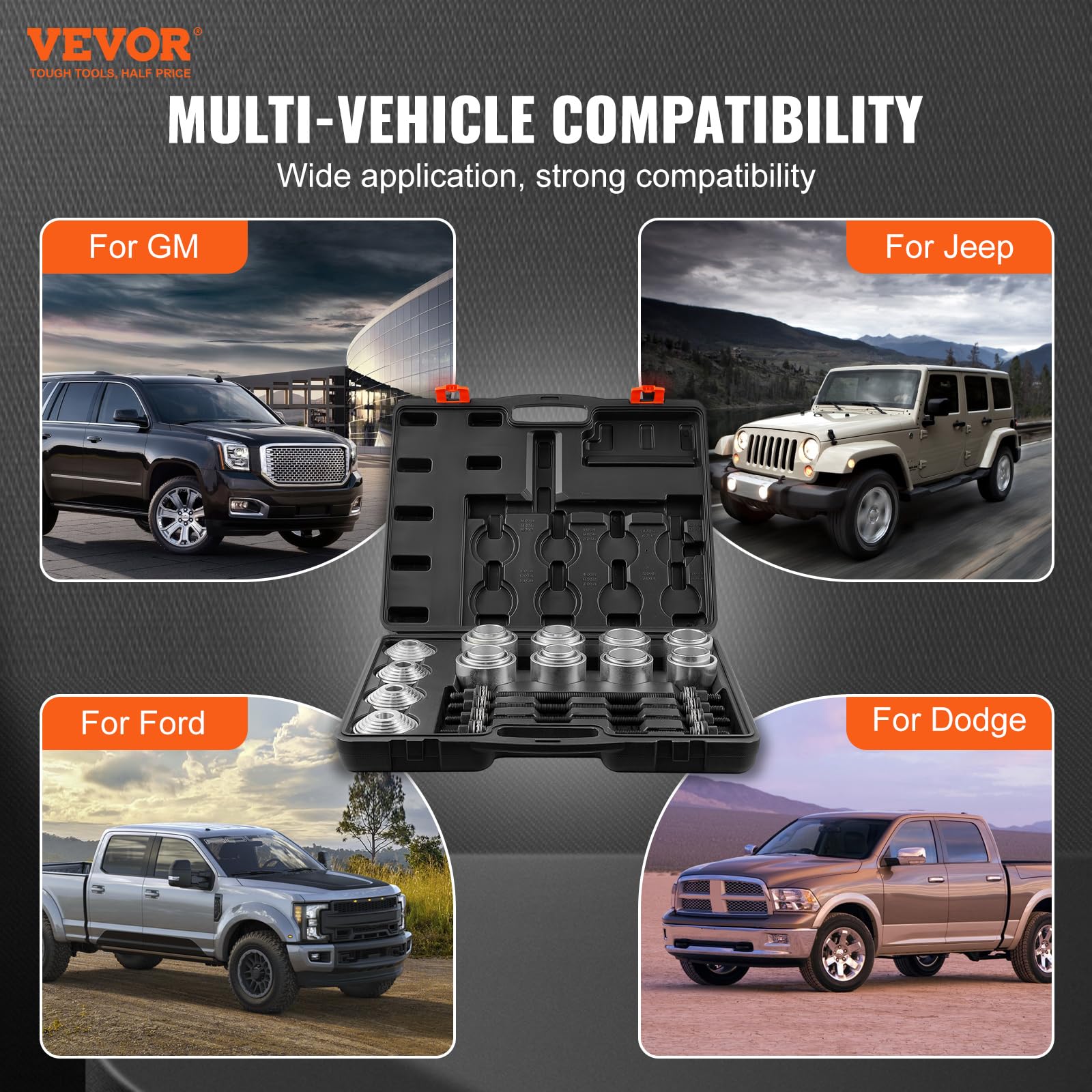 VEVOR Kit Manicotto di Trazione e Pressione da 28 Pezzi, Set di Rimozione e Installazione Cuscinetti a Boccola in Acciaio, con Custodia per Il Trasporto, Compatibilità Multi-Veicolo per Motori