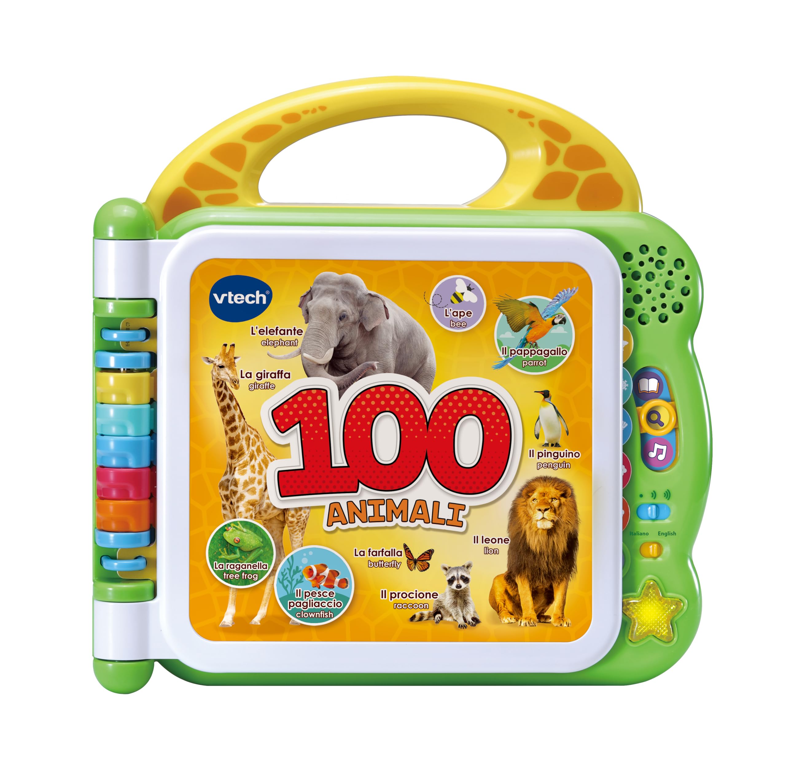 VTech Libro ilustrado bilingüe – 100 Animales para niños, sensorial en Italiano e inglés, bebé con 3 Modos, Pilas Incluidas, 2-5 años