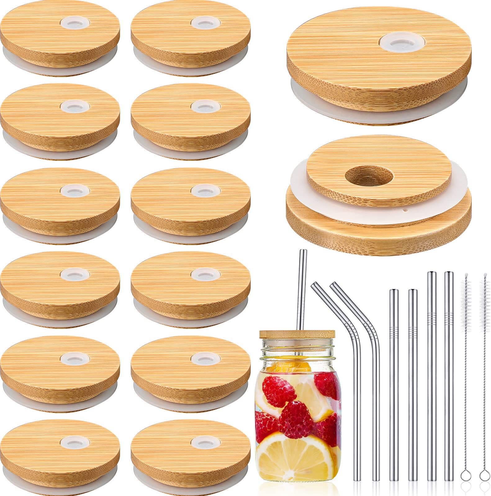 6 Pack Bamboo Lids with Straw Hole, for Beer Can Glass and