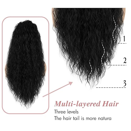 Miniatura 3 de Extensión de cola de caballo larga y rizada con cordón para mujer, 26 pulgadas, color negro, largo y ondulado, con clip, cola de caballo sintética