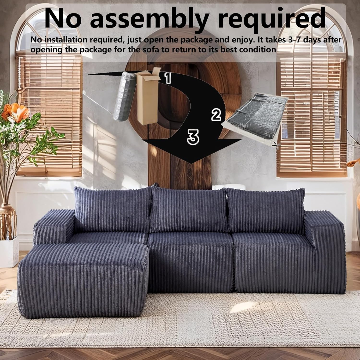 Fefances 101 L-Shaped Modular Sectional Sofa - Boneless Cloud Couch with Corduroy Fabric, Memory Foam Support & No-Assembly Design – Perfect Fluffy Sofa Couch for Living Room（Dark Grey）