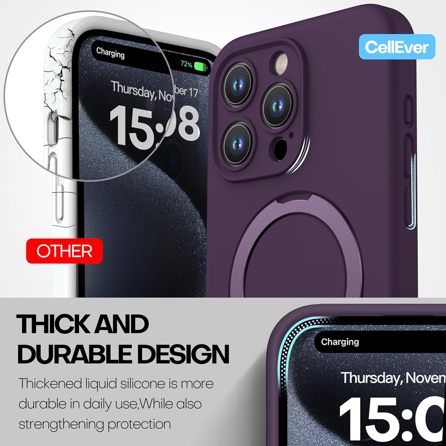 CellEver Strong Magnetic Case for iPhone 15 Pro [for MagSafe Charging] [Camera Protection] Heavy-Duty Protection, Soft Grip Silicone Cover with Kickstand, Deep Purple - Image 5
