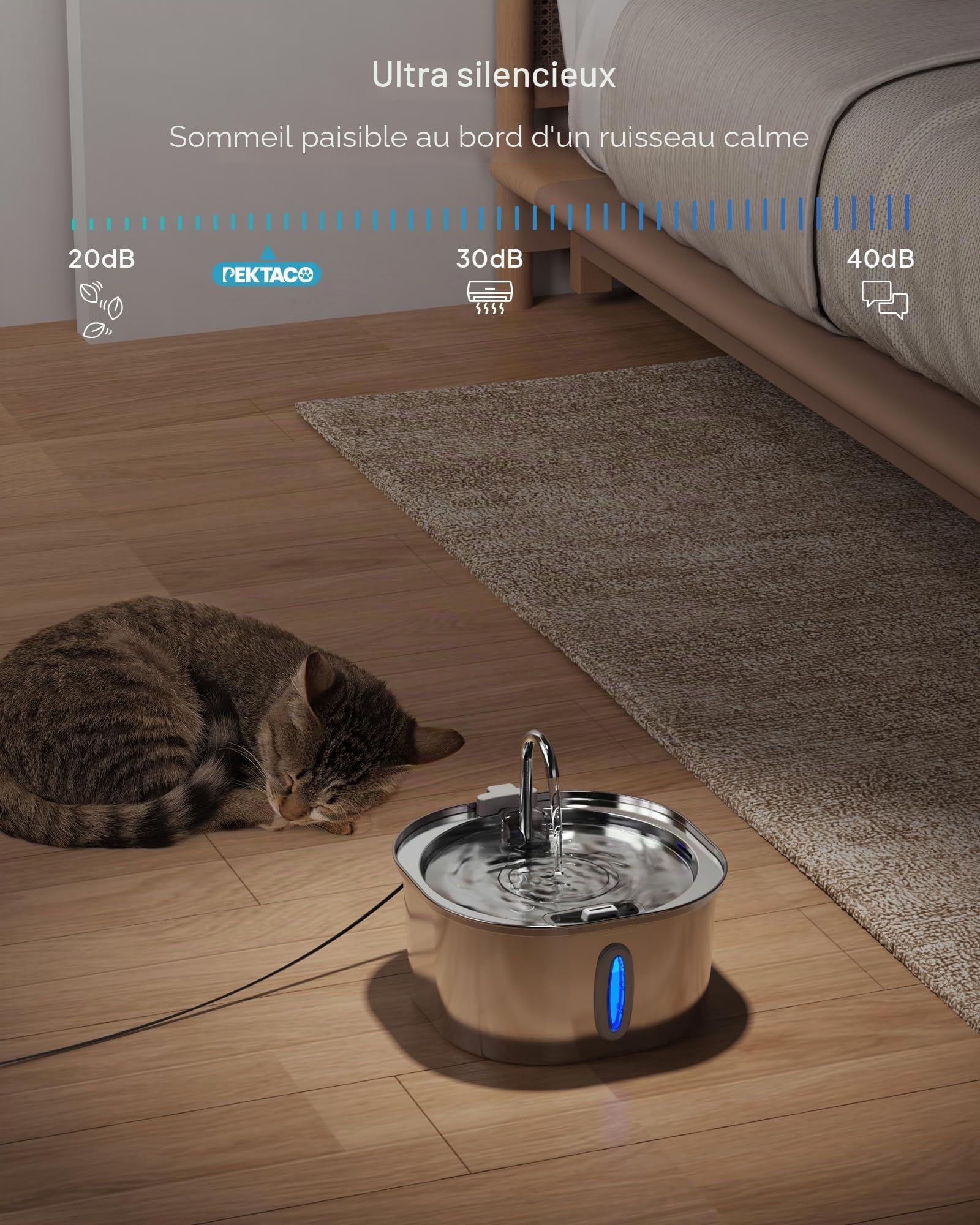 Fontaine à Eau pour Chats PEKTACO en Acier Inoxydable – Fontaine 3.2L pour Intérieur avec Indicateur de Niveau d'eau, Fontaine pour Chats et Chiens, 6 Filtres + 6 Éponges