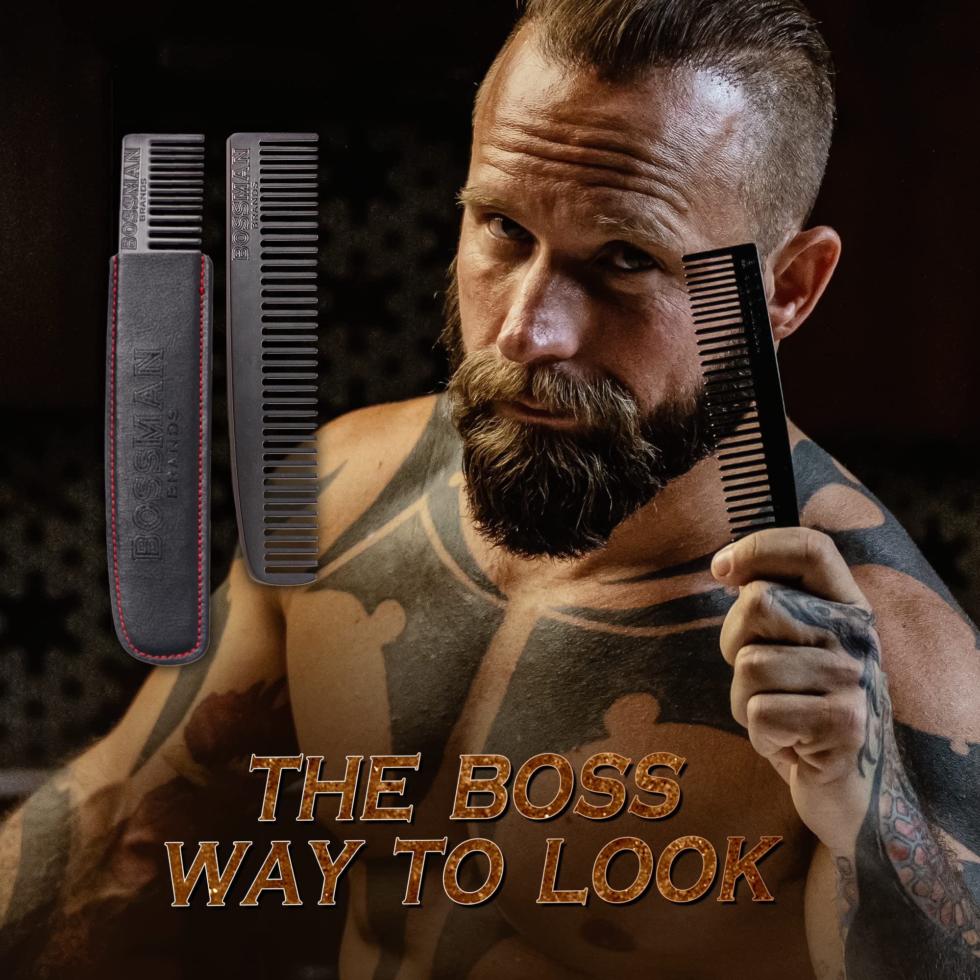 Peine de aseo de metal para hombres - Herramienta de peinado de bigote y barba con estuche de bolsillo de cuero (negro) 7