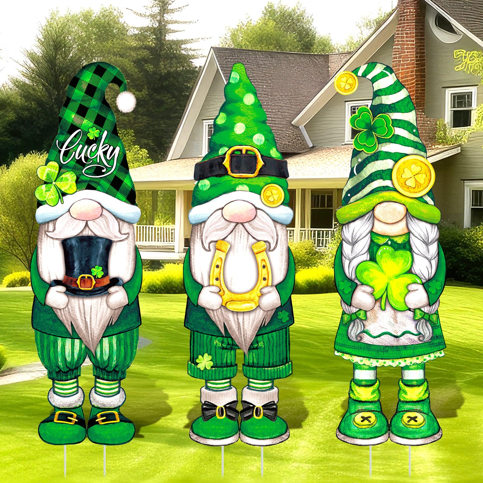 Umigy 3 Pcs St. Patrick's Day Yard Signs Shamrock Gnome Outdoor Decor with Stakes 32 x 10 Inch St. Patrick's Day Lawn Garden Decorations for Home Pathway Walkway
