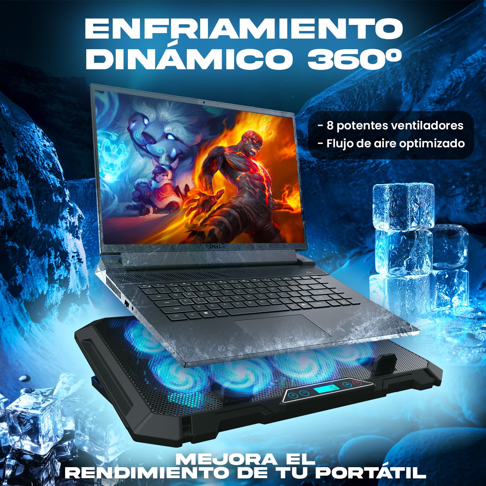 KLIM V8 Base Refrigeradora para Portátil Gaming con 8 Ventiladores + Nuevo + Soporte RGB Estable para Portátil con Ventilador + Compatible hasta 17" + 2 Puertos USB + Soporte para Teléfono