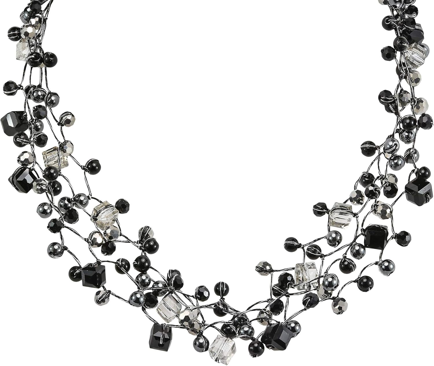 AeraVida Stunning Simulated Black Onyx & Grey Stone Crystal Necklace | Multi-Strand Silk Fashion Jewelry for Women | Elegant Statement Necklace