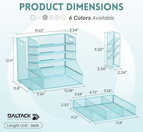 Miniatura 3 de DALTACK Organizador de escritorio de malla, bandeja de papel de 5 niveles con soporte para archivos, soporte para bolígrafo y cajón deslizante,