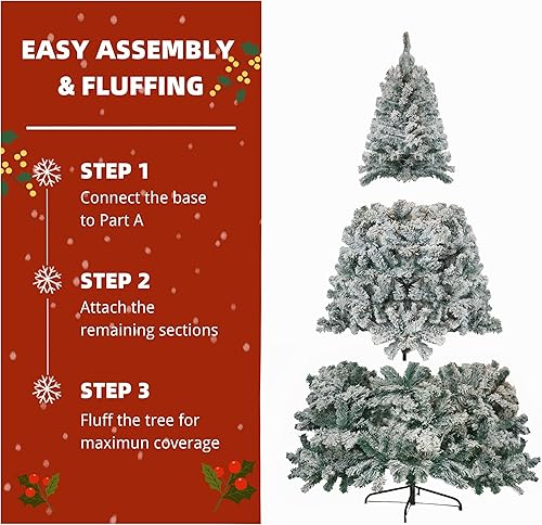 Miniatura 3 de Árbol de Navidad artificial preiluminado de 6 pies con nieve flocado, decoración navideña para fiesta de oficina en casa con 1000 puntas de rama,