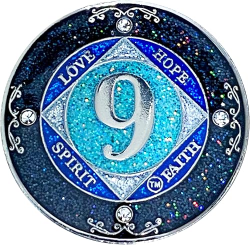 Miniatura 10 de NA 14 años de cristal y medallón de purpurina, moneda chapada en color plateado, arco iris negro, purpurina azul y cuatro cristales transparentes,