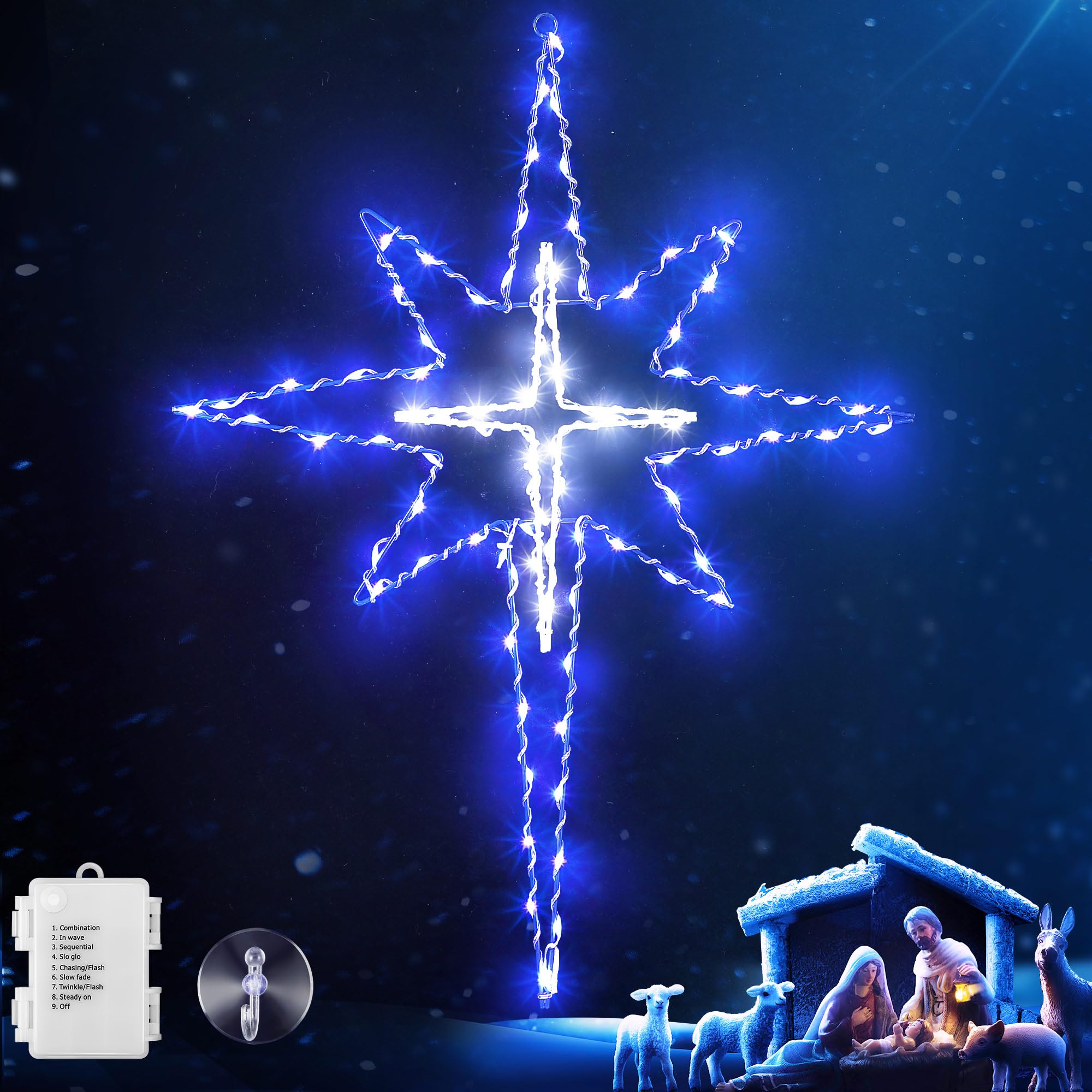 Hiboom Grande décoration de fenêtre de Noël de 61 cm, 8 modes, silhouette de fenêtre avec minuterie, étoiles lumineuses Bethléem à piles pour fenêtre en vacances de Noël