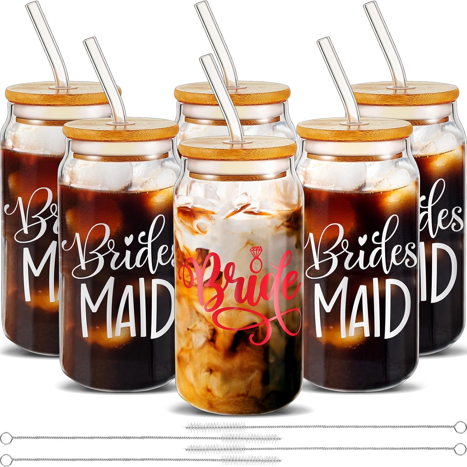 Gerrii 6 Sets Bridesmaid Gifts Beer Glass Can with Bamboo Lids and Glass Straw Iced Coffee Cup Mason Jar Cups Maid of Honor Gift for Engagement Wedding Bridal Shower Bachelorette Party (16 oz)